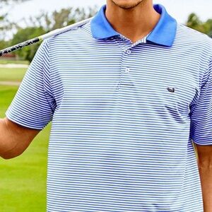 Southern Marsh Men’s Bermuda Stripe Polo in Breaker Blue and White Size M